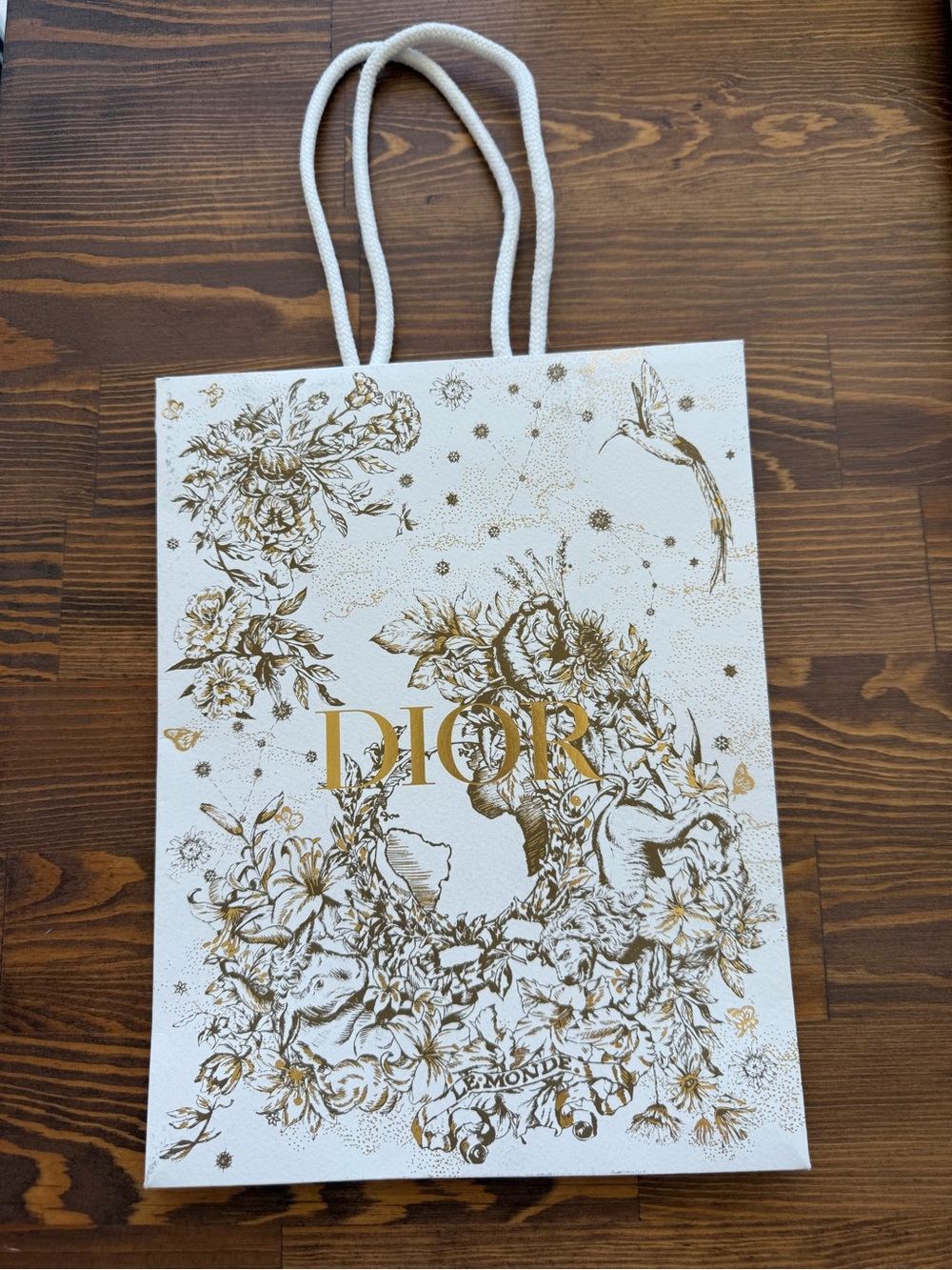 Dior White and Gold Floral Print shopping paper bag 7.75”x10.25”